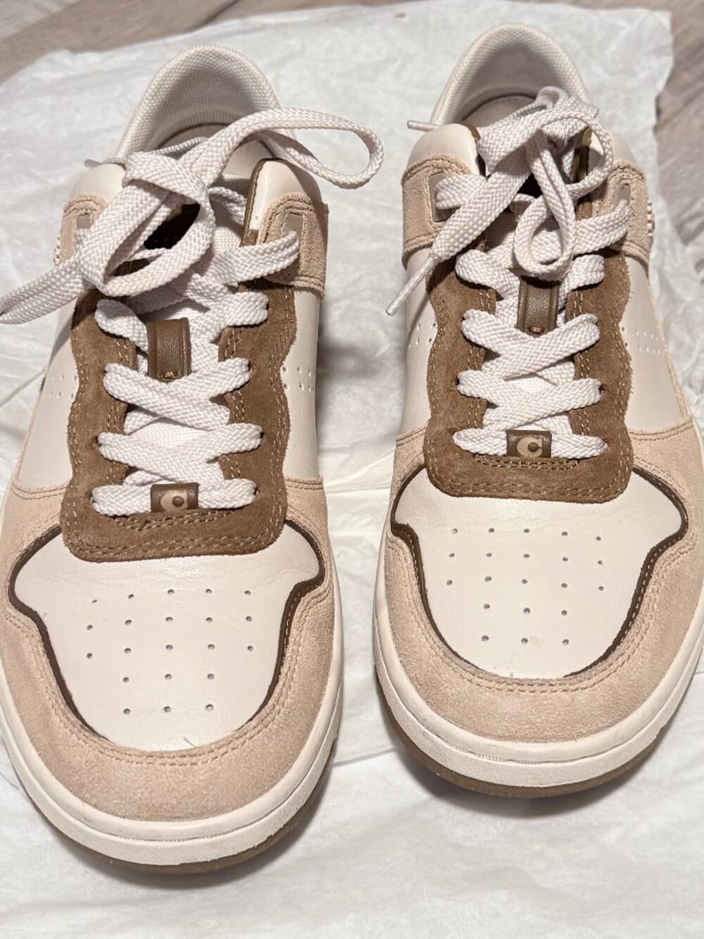 Classic Coach C201 Low Top Lace-Up Leather Colorblock Sneakers White/Beige/Brown